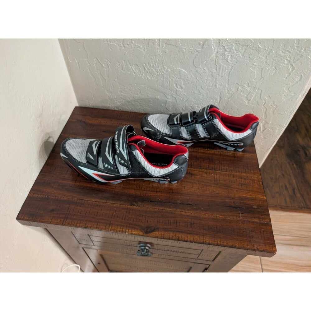 Venzo Cycling Shoes Hook & Loop Strap Black/Gray/Red Unisex M 9 W 10.5 EU 43